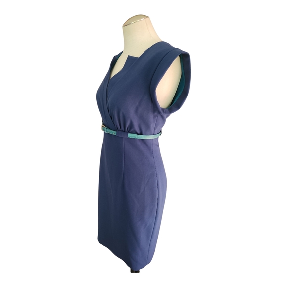 Calvin Klein Blue Cap Sleeve Faux Wrap Sheath Dress with Belt Size 4 - Picture 3 of 8